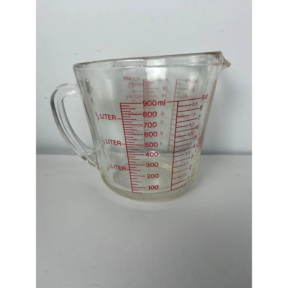 Vtg Fire-King Anchor Hocking 4 Cup Glass Measuring Cup Red Lettering 1 Quart USA